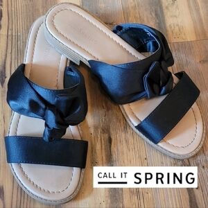 CALL IT SPRING Satin Black Ribbon Slide Sandals, Size 7